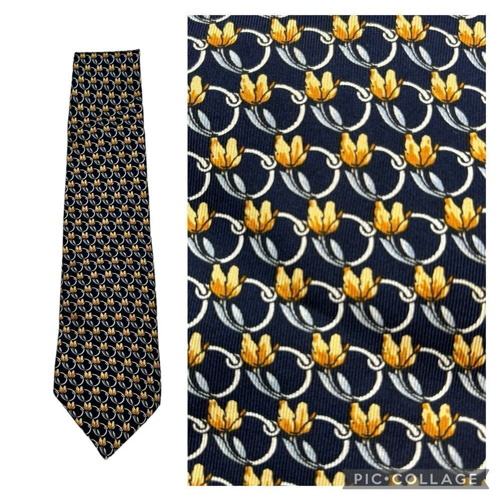 Men’s Lancel Paris Brand 100% Silk Navy‎ and Yellow Floral Neck Field